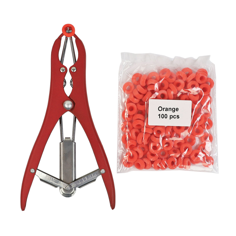 Castration Bander For Goats, 100Pcs Latex orange Castrator Rings, red Balloon Expander Pliers Set